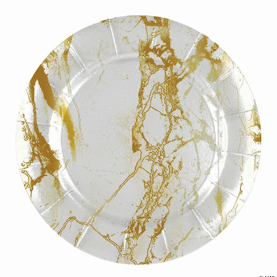 Party Plates * | Outlet 13 White With Gold Marble Round Disposable Paper Charger Plates (40 Plates)