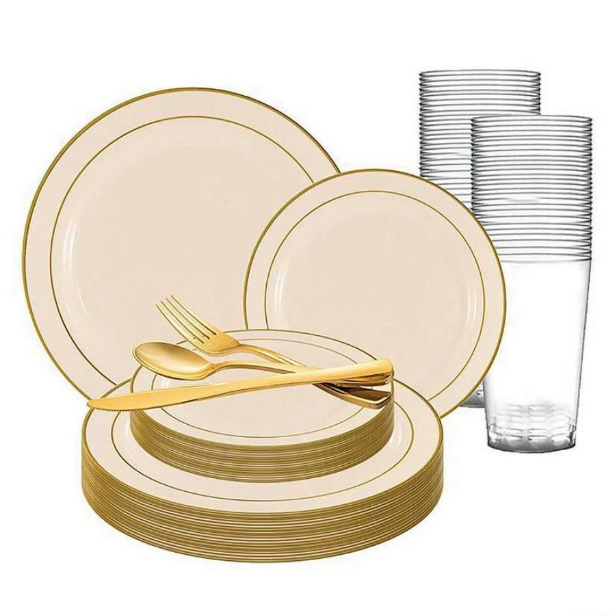 Bowls * | Buy Ivory With Gold Edge Rim Plastic Dinnerware Value Set (60 Settings)