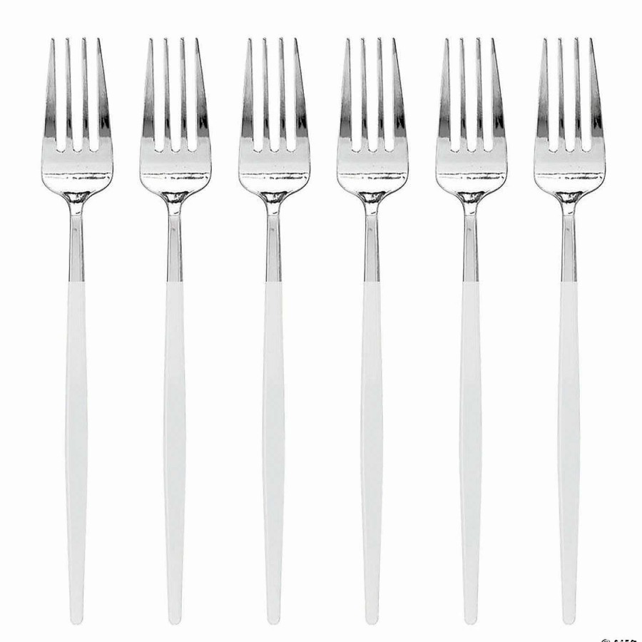 Cutlery * | Discount Kaya Collection Silver With White Handle Moderno Disposable Plastic Dinner Forks (240 Forks)