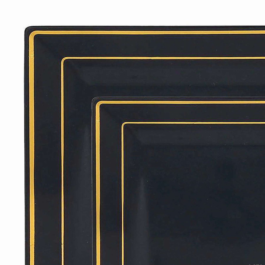 Party Plates * | Outlet Black With Gold Square Edge Rim Plastic Dinnerware Value Set (40 Dinner Plates + 40 Salad Plates)