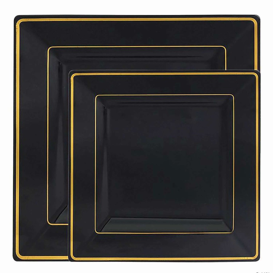 Party Plates * | Outlet Black With Gold Square Edge Rim Plastic Dinnerware Value Set (40 Dinner Plates + 40 Salad Plates)