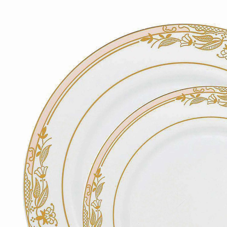 Party Plates * | Best Sale White With Pink And Gold Harmony Rim Plastic Dinnerware Value Set (120 Dinner Plates + 120 Salad Plates)