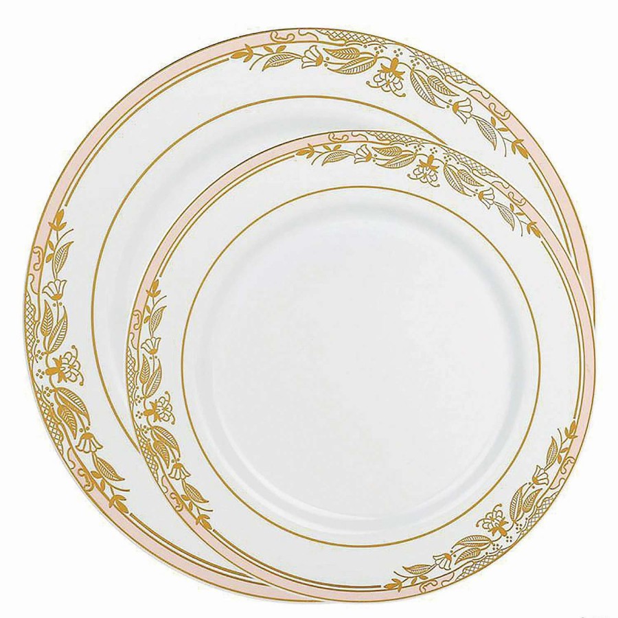 Party Plates * | Best Sale White With Pink And Gold Harmony Rim Plastic Dinnerware Value Set (120 Dinner Plates + 120 Salad Plates)