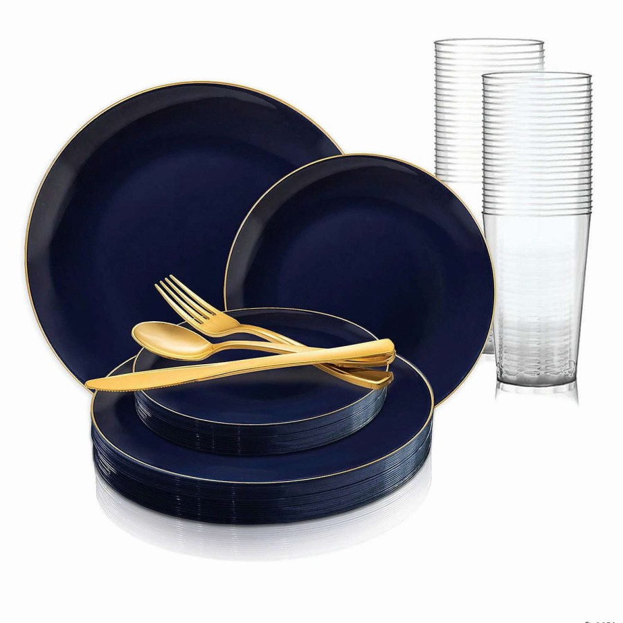 Party Plates * | Cheapest Navy With Gold Rim Organic Round Disposable Plastic Dinnerware Value Set (120 Settings)