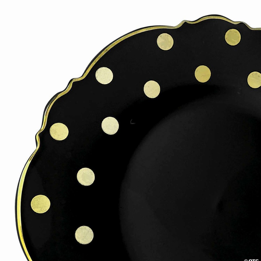 Party Plates * | New 10.25 Black With Gold Dots Round Blossom Disposable Plastic Dinner Plates (50 Plates)