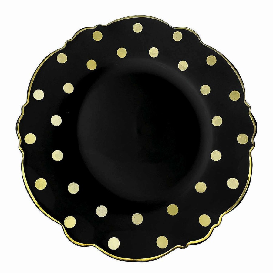 Party Plates * | New 10.25 Black With Gold Dots Round Blossom Disposable Plastic Dinner Plates (50 Plates)