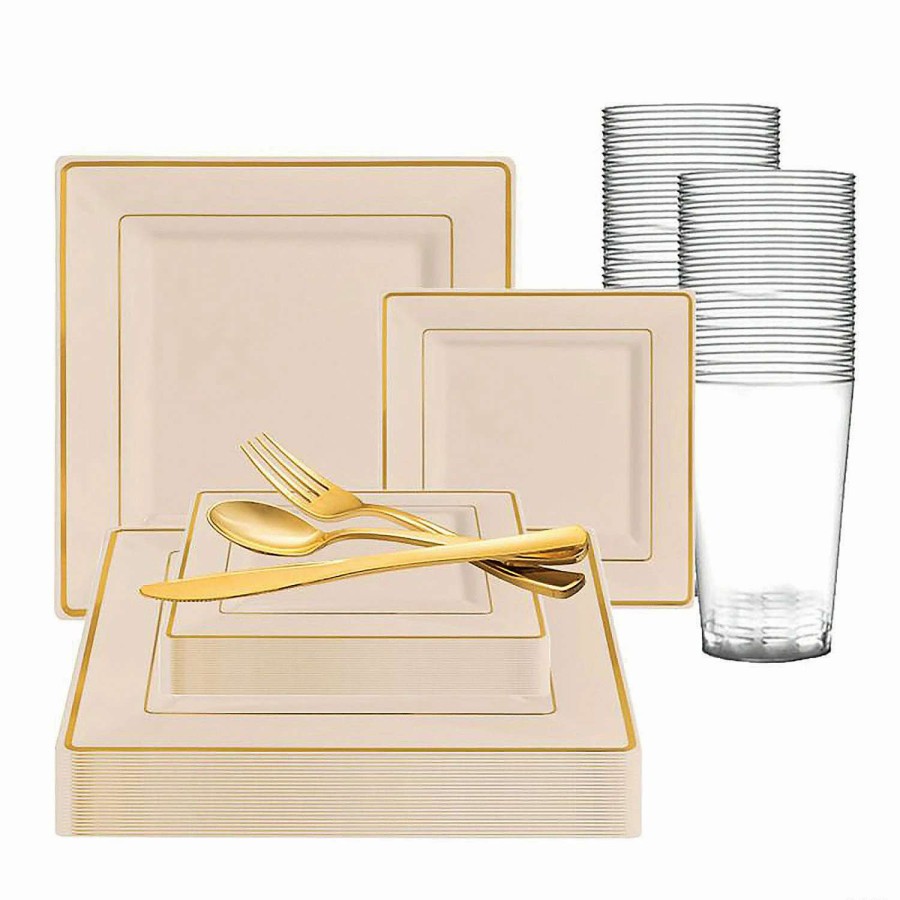 Bowls * | Best Pirce Ivory With Gold Square Edge Rim Plastic Dinnerware Value Set (20 Settings)