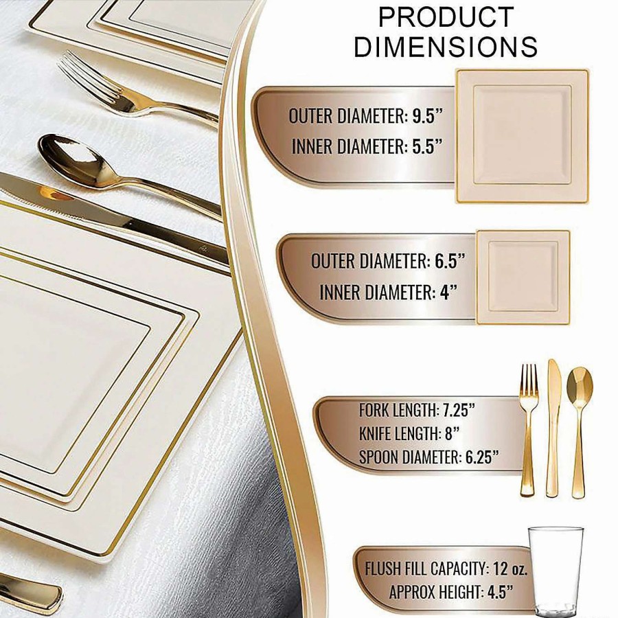 Bowls * | Best Pirce Ivory With Gold Square Edge Rim Plastic Dinnerware Value Set (20 Settings)