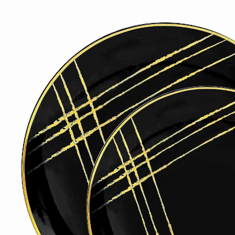 Party Plates * | Discount Black With Gold Brushstroke Round Disposable Plastic Dinnerware Value Set (120 Dinner Plates + 120 Salad Plates)