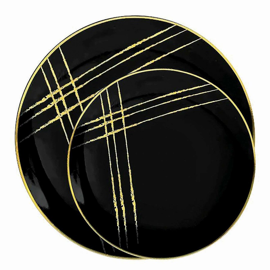 Party Plates * | Discount Black With Gold Brushstroke Round Disposable Plastic Dinnerware Value Set (120 Dinner Plates + 120 Salad Plates)