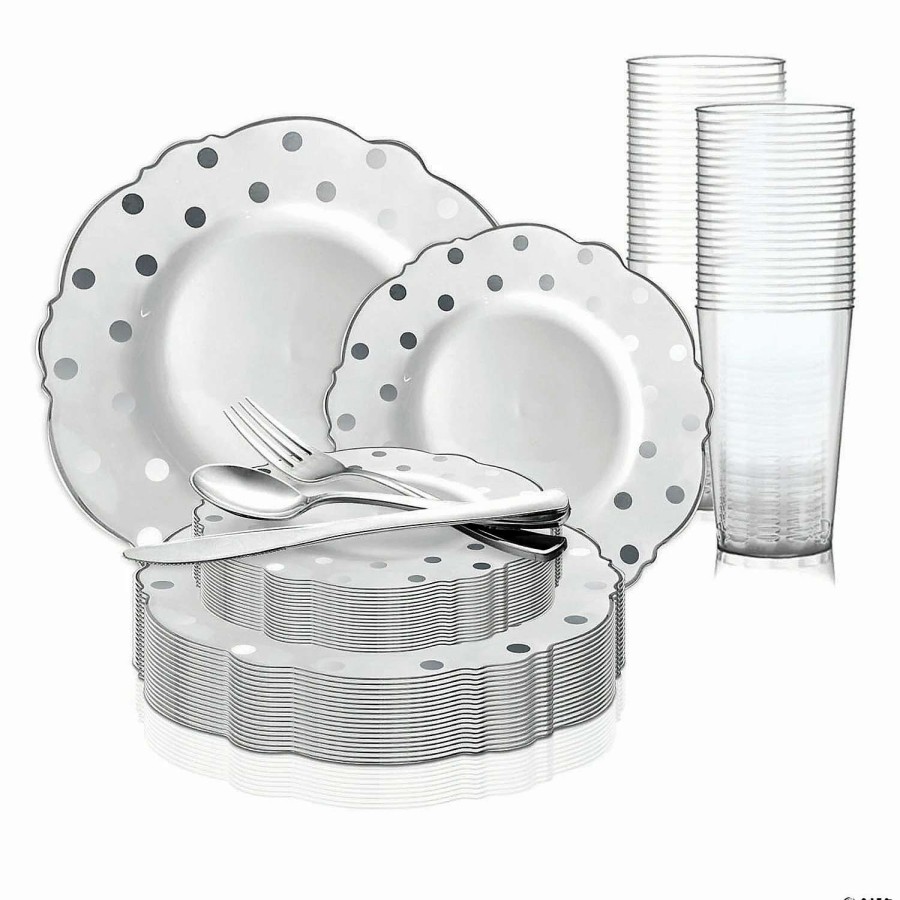 Party Plates * | New White With Silver Dots Round Blossom Disposable Plastic Dinnerware Value Set (60 Settings)