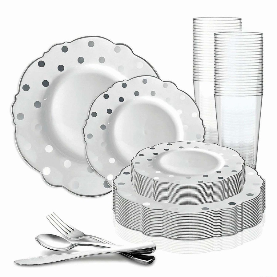 Party Plates * | New White With Silver Dots Round Blossom Disposable Plastic Dinnerware Value Set (60 Settings)