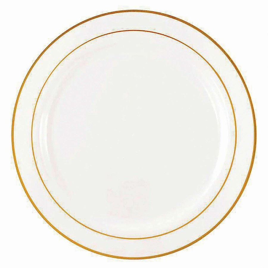 Party Plates * | Brand New 10.25 White With Gold Edge Rim Plastic Dinner Plates (50 Plates)