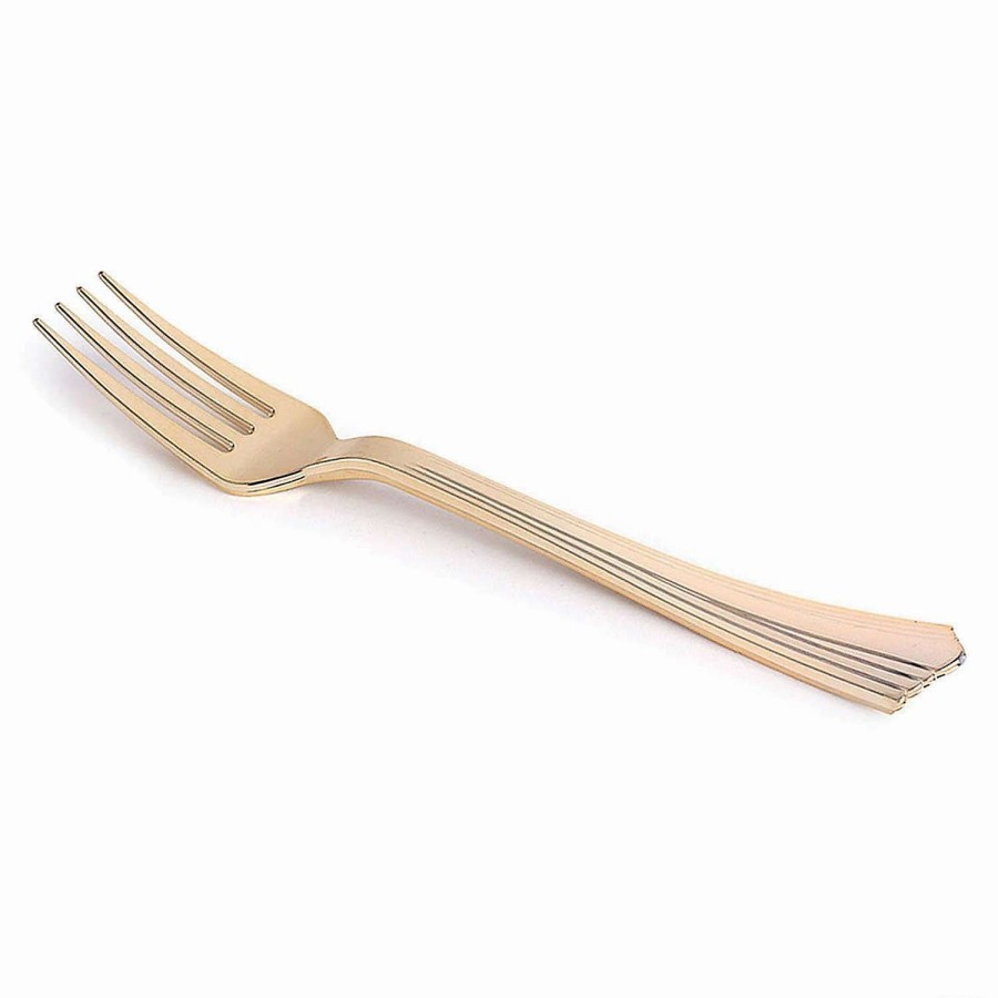 Cutlery * | Outlet Kaya Collection Shiny Metallic Groove Gold Plastic Forks (600 Forks)