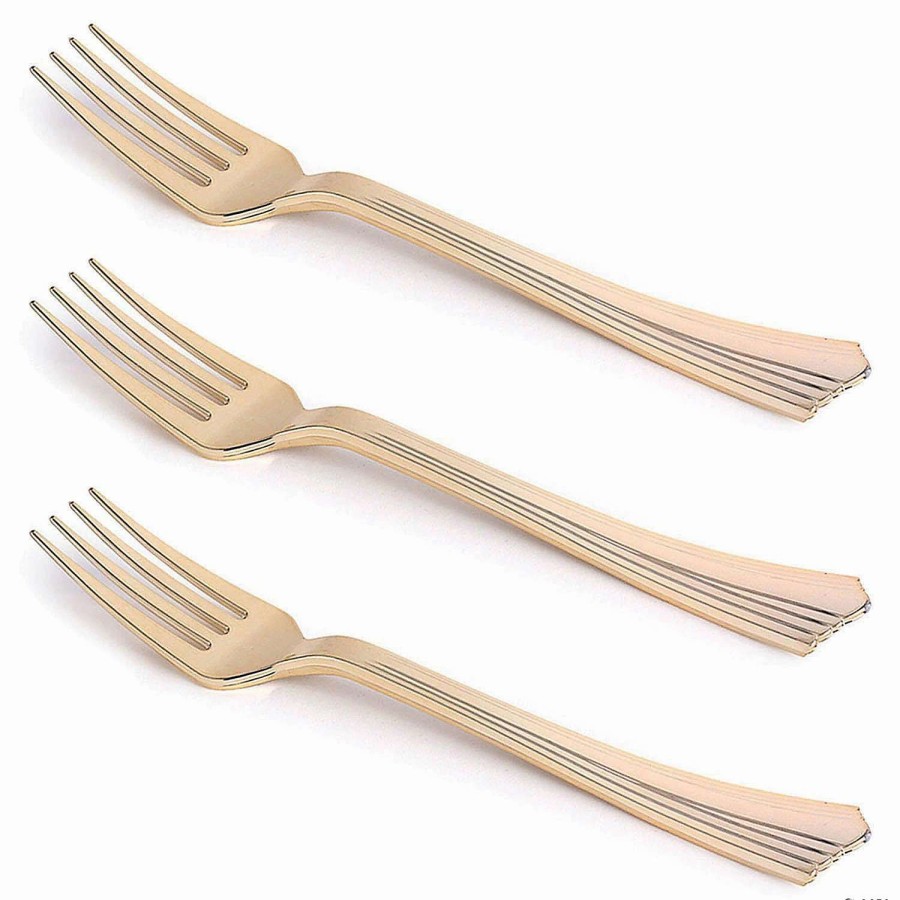 Cutlery * | Outlet Kaya Collection Shiny Metallic Groove Gold Plastic Forks (600 Forks)