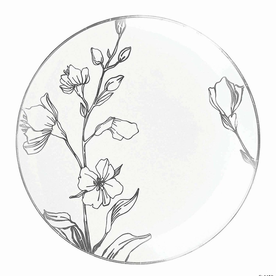 Party Plates * | Hot Sale Kaya Collection 7.5 White With Silver Antique Floral Round Disposable Plastic Appetizer/Salad Plates (120 Plates)