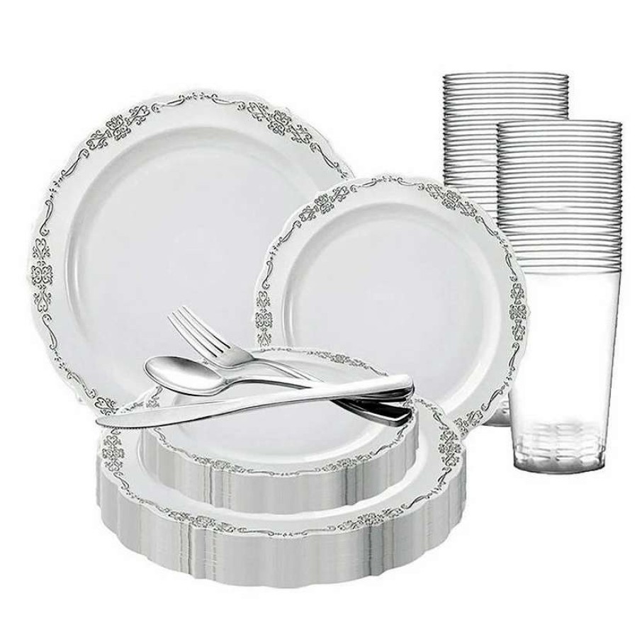 Bowls * | Brand New White With Silver Vintage Rim Round Disposable Plastic Dinnerware Value Set (120 Settings)