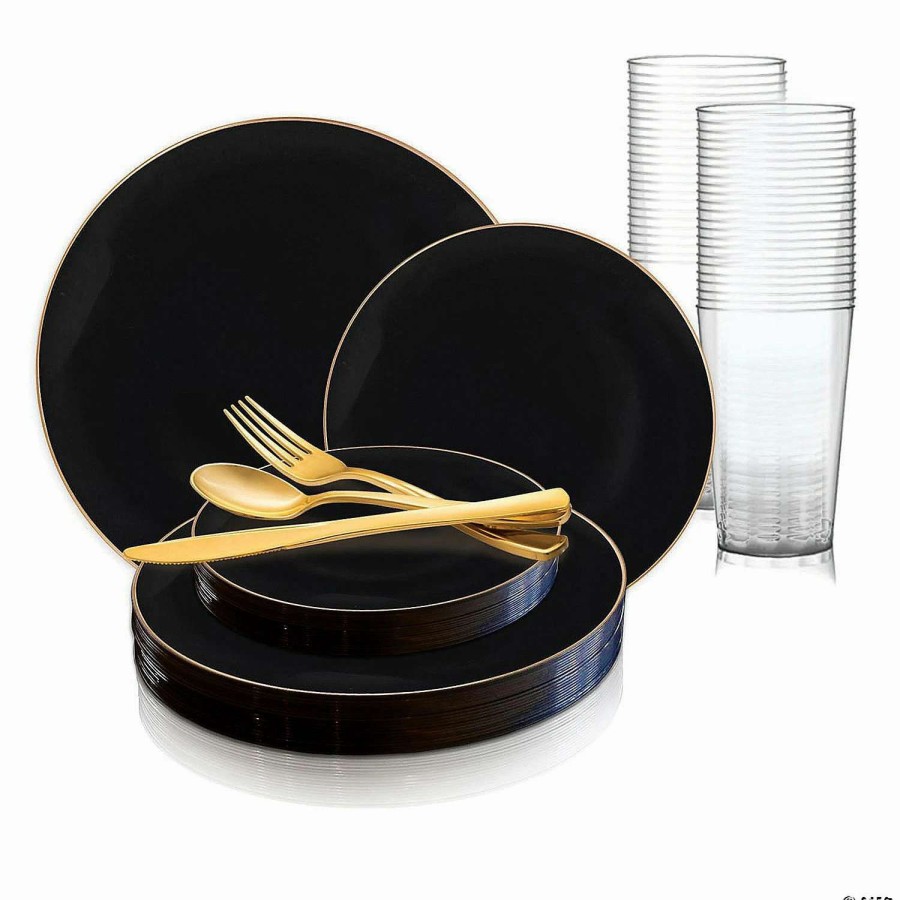 Bowls * | Deals Black With Gold Rim Organic Round Disposable Plastic Dinnerware Value Set (60 Settings)