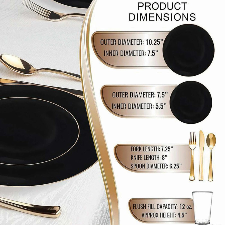 Bowls * | Deals Black With Gold Rim Organic Round Disposable Plastic Dinnerware Value Set (60 Settings)