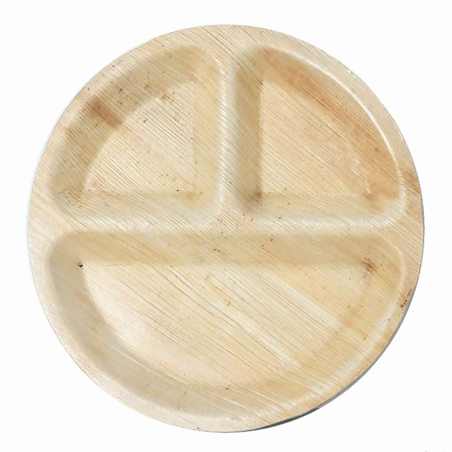 Party Plates * | Top 10 10 Round Palm Leaf 3-Partition Eco Friendly Disposable Dinner Plates (50 Plates)