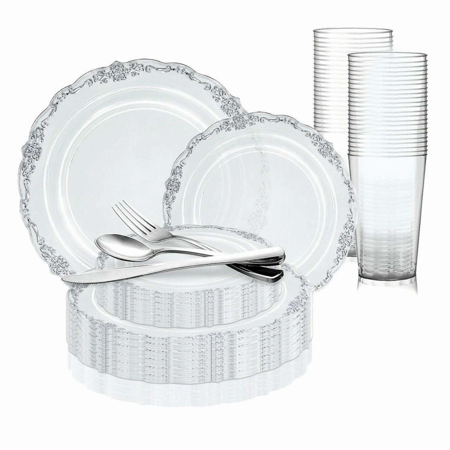 Bowls * | Best Pirce Clear With Silver Vintage Rim Round Disposable Plastic Dinnerware Value Set (60 Settings)