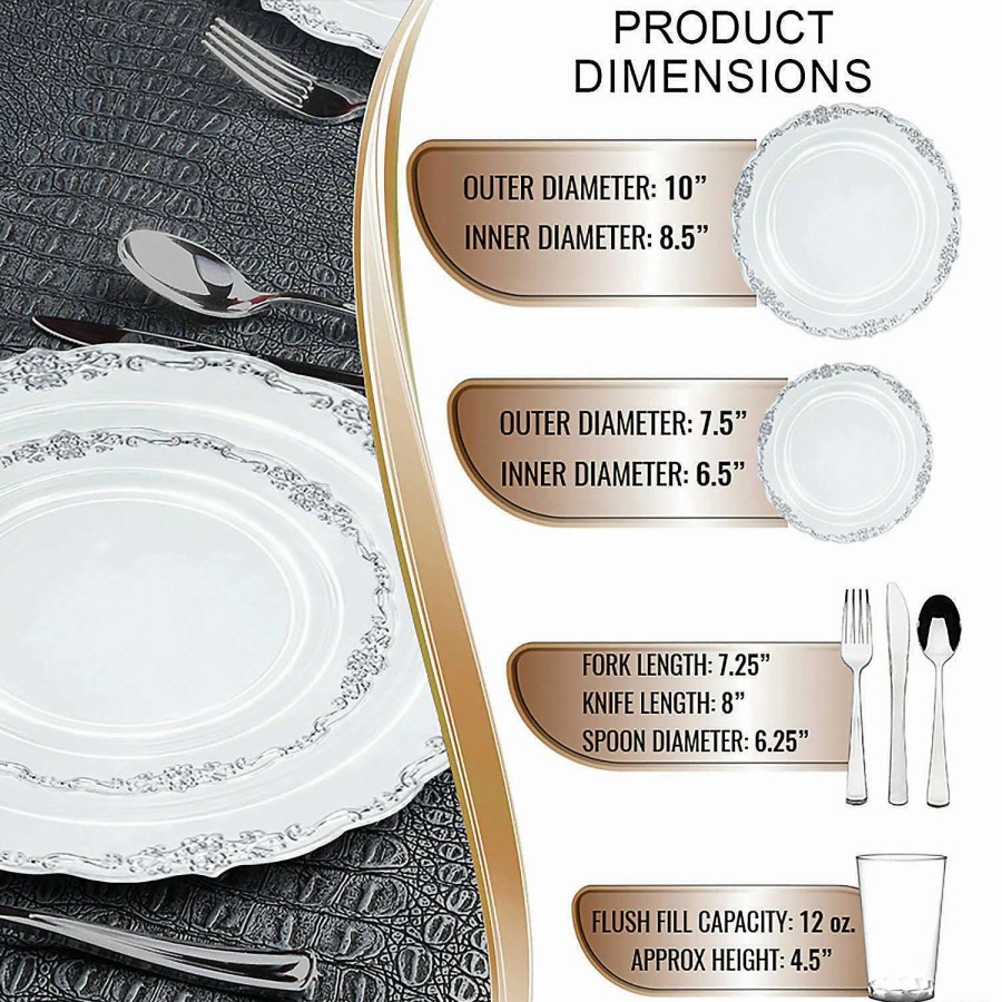 Bowls * | Best Pirce Clear With Silver Vintage Rim Round Disposable Plastic Dinnerware Value Set (60 Settings)