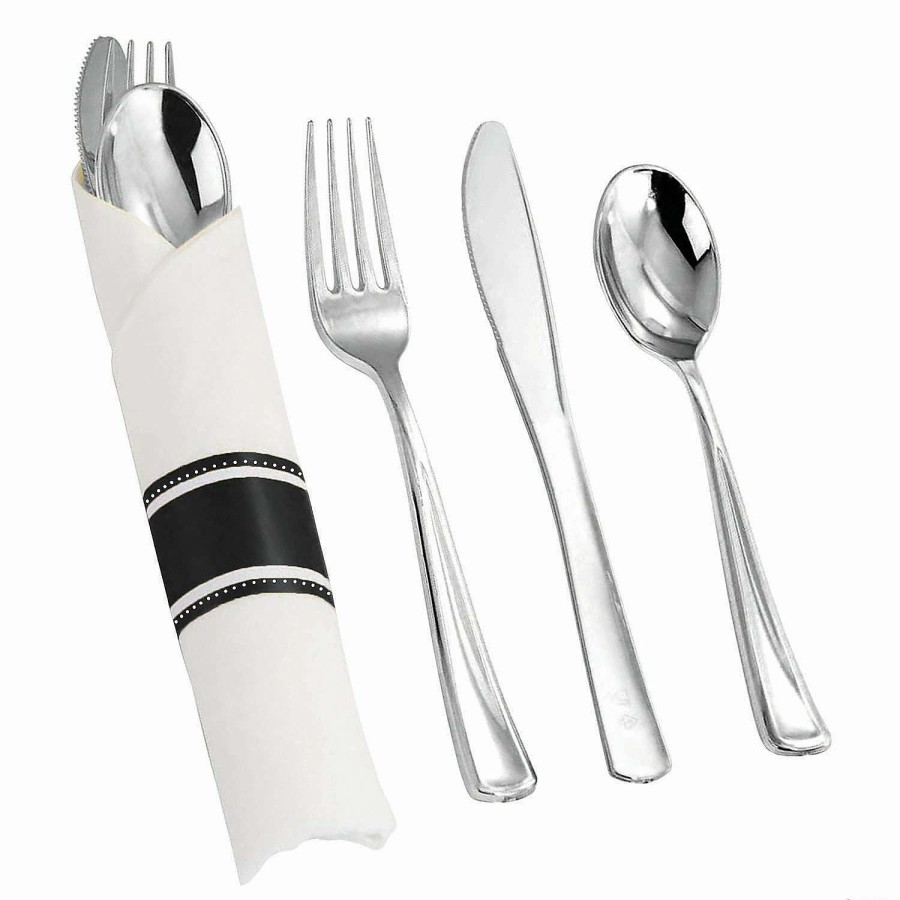 Cutlery * | Cheap Silver Plastic Cutlery In White Napkin Rolls Set Napkins, Forks, Knives, Spoons And Paper Rings (40 Guests)