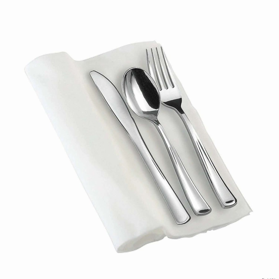 Cutlery * | Cheap Silver Plastic Cutlery In White Napkin Rolls Set Napkins, Forks, Knives, Spoons And Paper Rings (40 Guests)