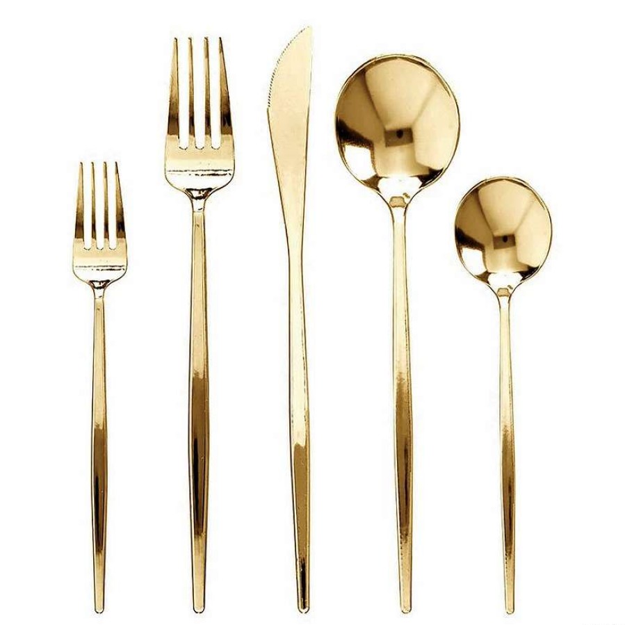 Cutlery * | Top 10 Shiny Gold Moderno Disposable Plastic Cutlery Set Spoons, Forks, Knives, Dessert Spoons, And Dessert Forks (40 Guests)