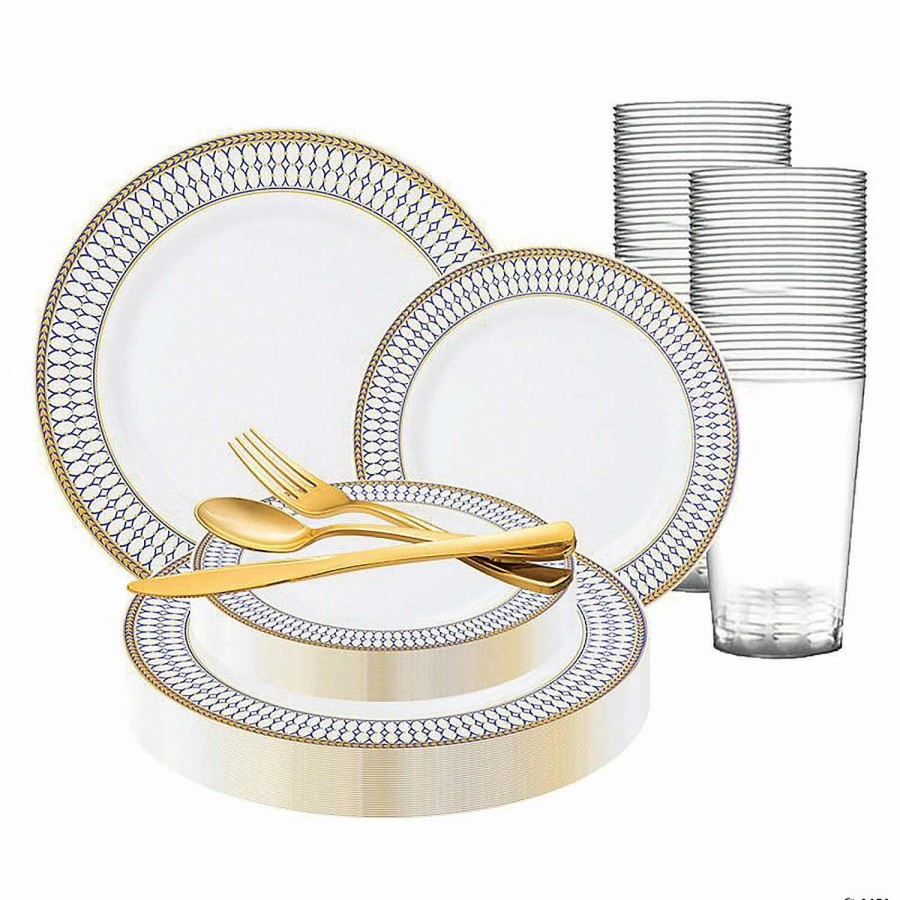 Bowls * | Best Reviews Of White With Blue And Gold Chord Rim Plastic Dinnerware Value Set (120 Settings)