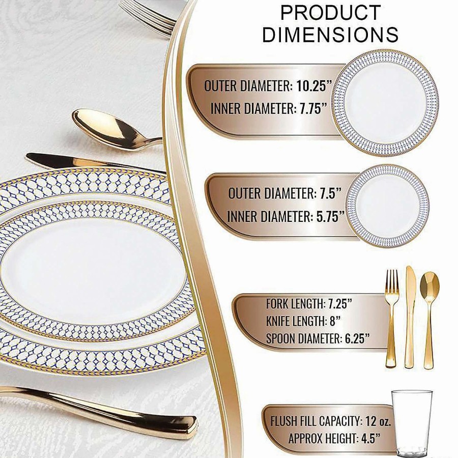 Bowls * | Best Reviews Of White With Blue And Gold Chord Rim Plastic Dinnerware Value Set (120 Settings)