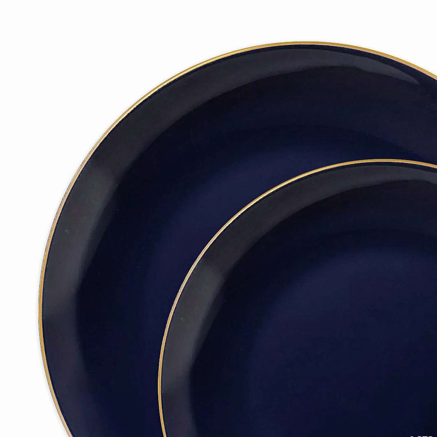 Party Plates * | Coupon Navy With Gold Rim Organic Round Disposable Plastic Dinnerware Value Set (40 Dinner Plates + 40 Salad Plates)