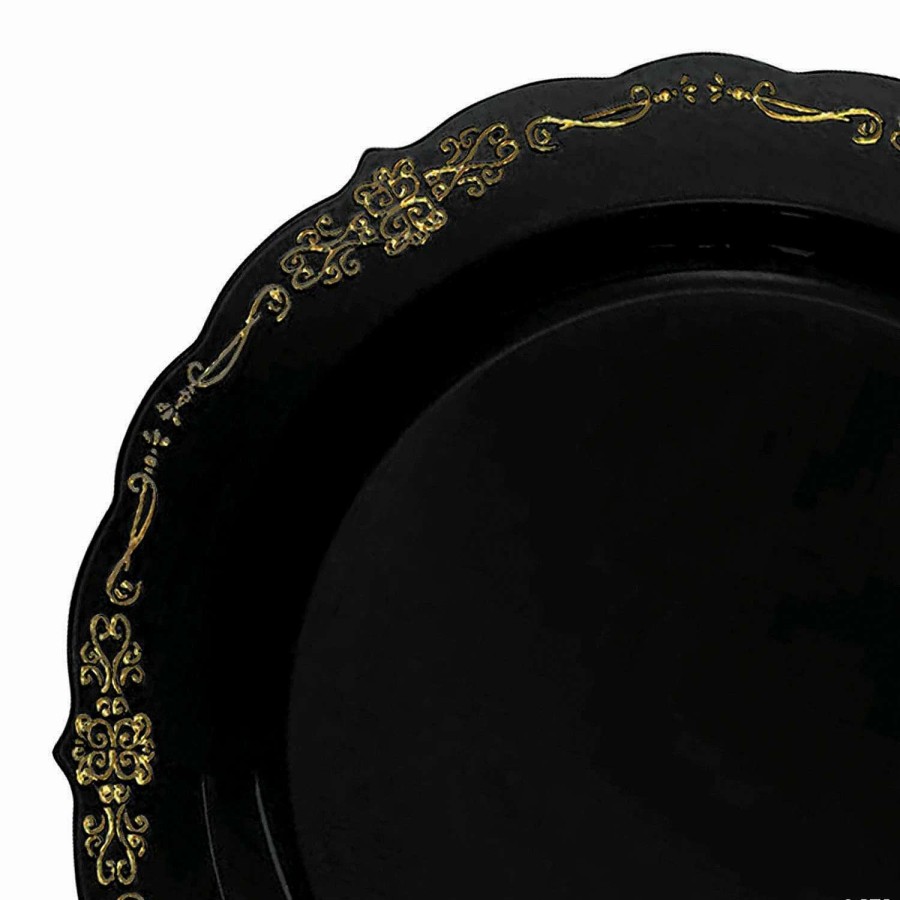 Party Plates * | Brand New 10 Black With Gold Vintage Rim Round Disposable Plastic Dinner Plates (50 Plates)