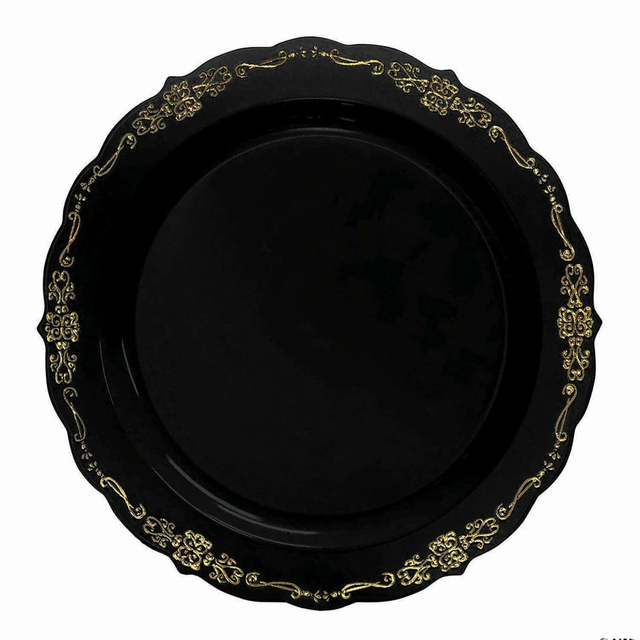 Party Plates * | Brand New 10 Black With Gold Vintage Rim Round Disposable Plastic Dinner Plates (50 Plates)