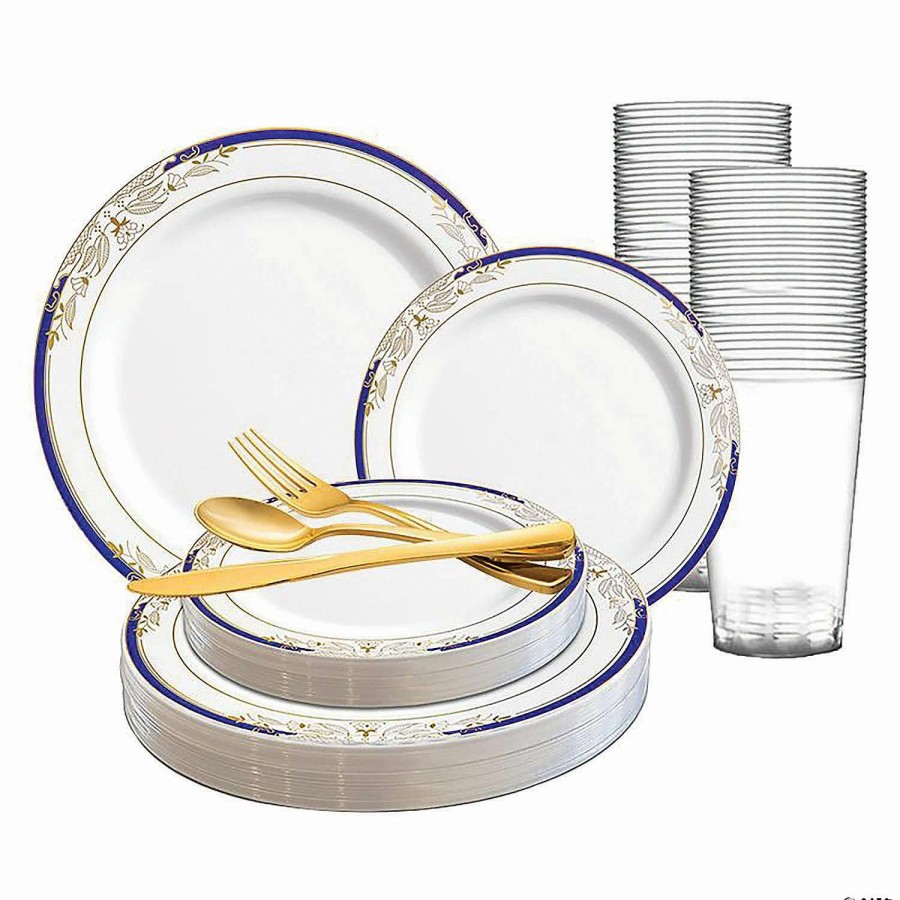 Bowls * | Best Reviews Of White With Blue And Gold Harmony Rim Plastic Dinnerware Value Set (60 Settings)