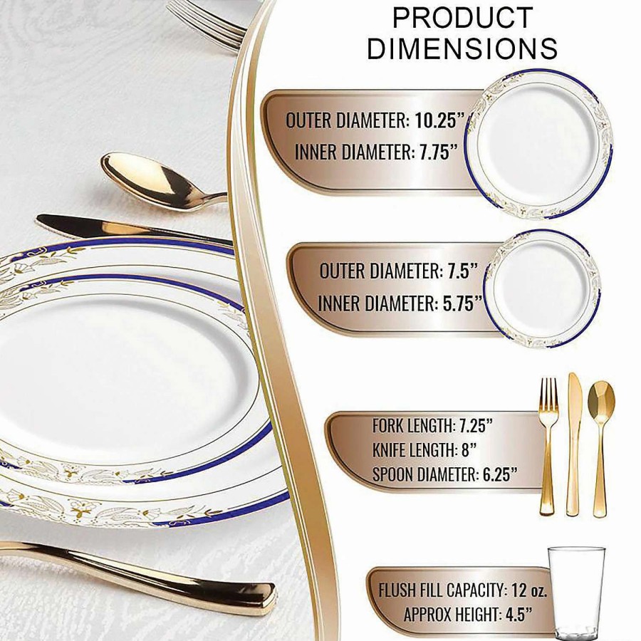 Bowls * | Best Reviews Of White With Blue And Gold Harmony Rim Plastic Dinnerware Value Set (60 Settings)