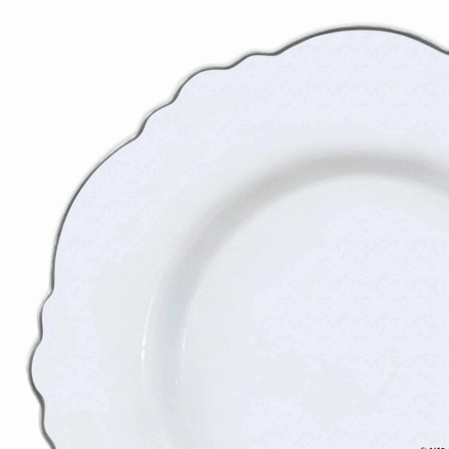 Party Plates * | Wholesale 7.5 White With Silver Rim Round Blossom Disposable Plastic Appetizer/Salad Plates (90 Plates)