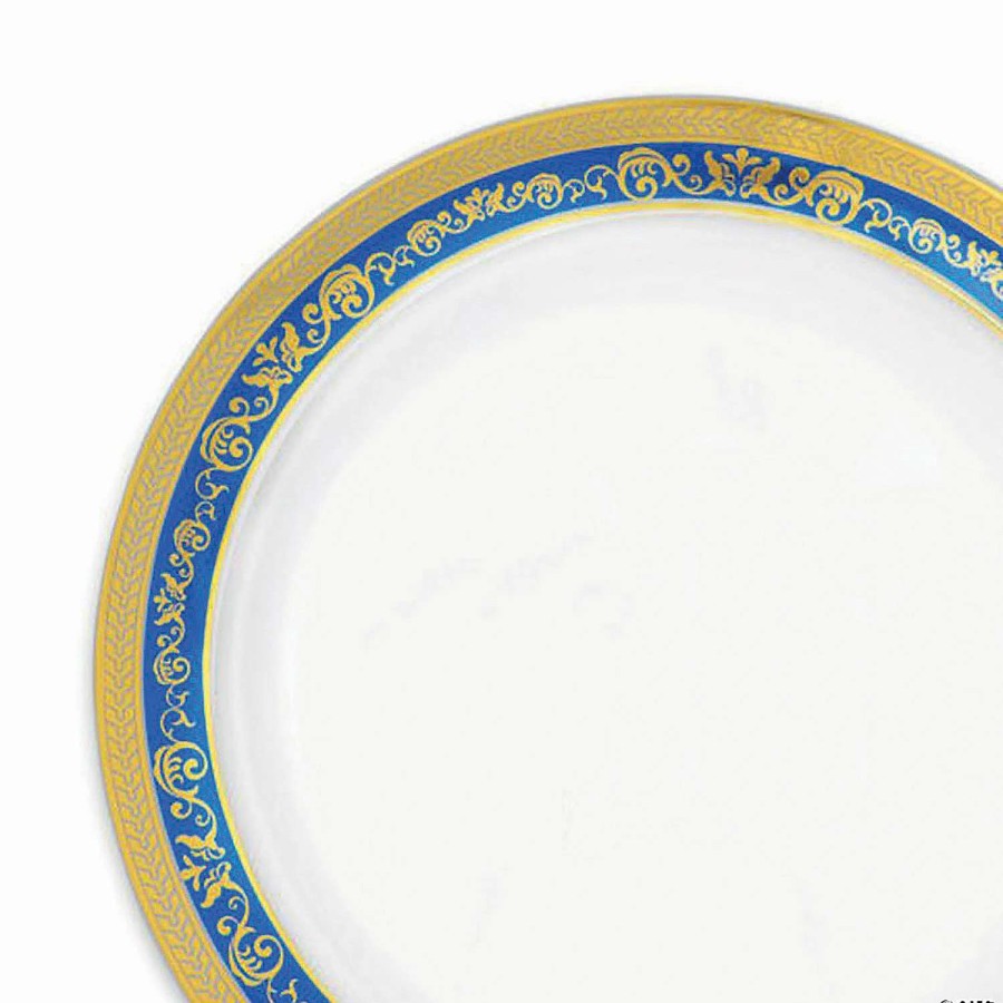 Party Plates * | Best Pirce 10.25 White With Blue And Gold Royal Rim Plastic Dinner Plates (40 Plates)