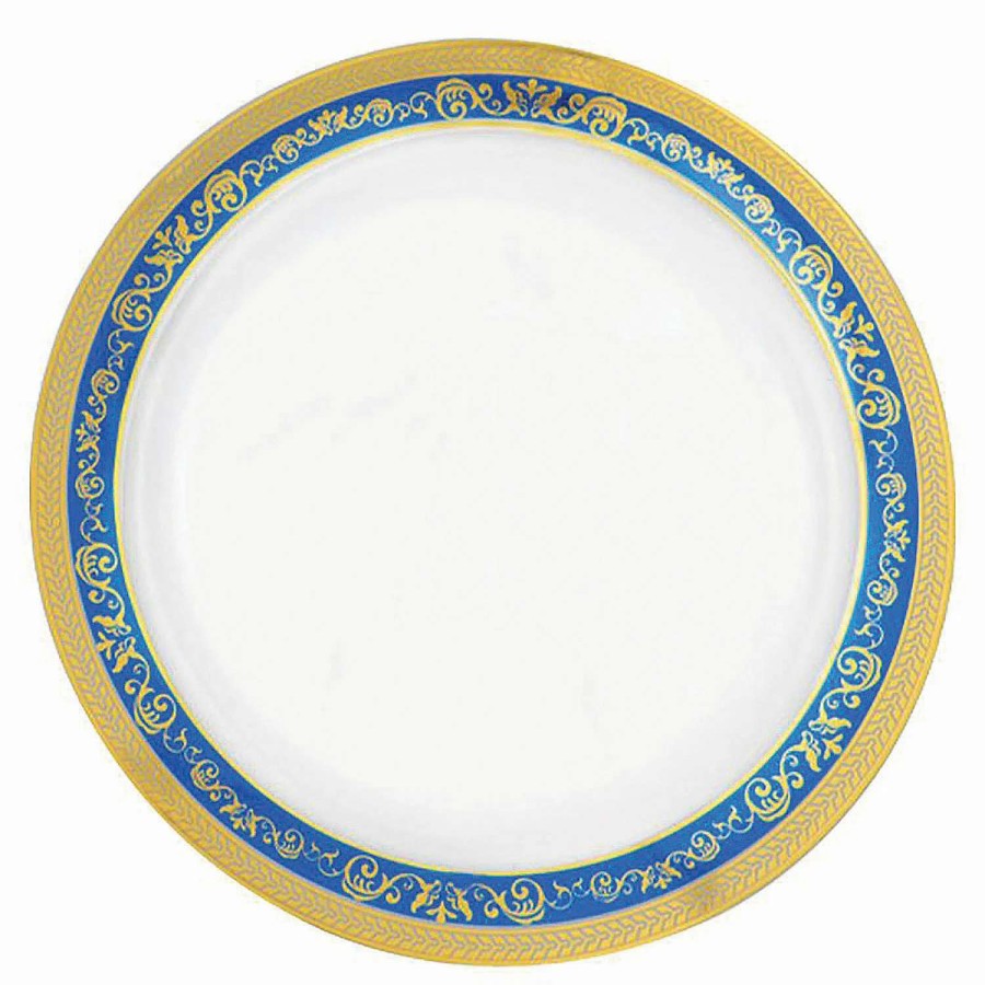 Party Plates * | Best Pirce 10.25 White With Blue And Gold Royal Rim Plastic Dinner Plates (40 Plates)