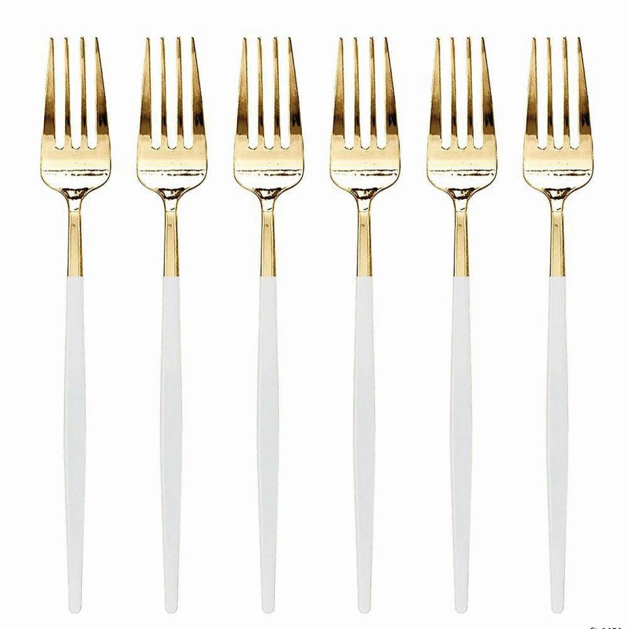 Cutlery * | New Kaya Collection Gold With White Handle Moderno Disposable Plastic Dinner Forks (240 Forks)