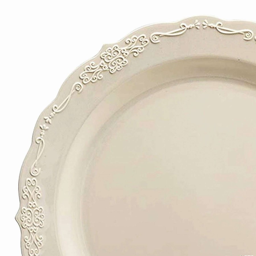 Party Plates * | Brand New 10 Ivory Vintage Round Disposable Plastic Dinner Plates (50 Plates)