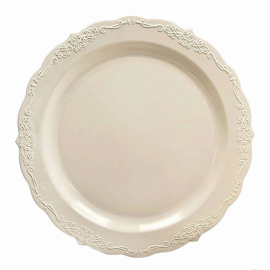 Party Plates * | Brand New 10 Ivory Vintage Round Disposable Plastic Dinner Plates (50 Plates)