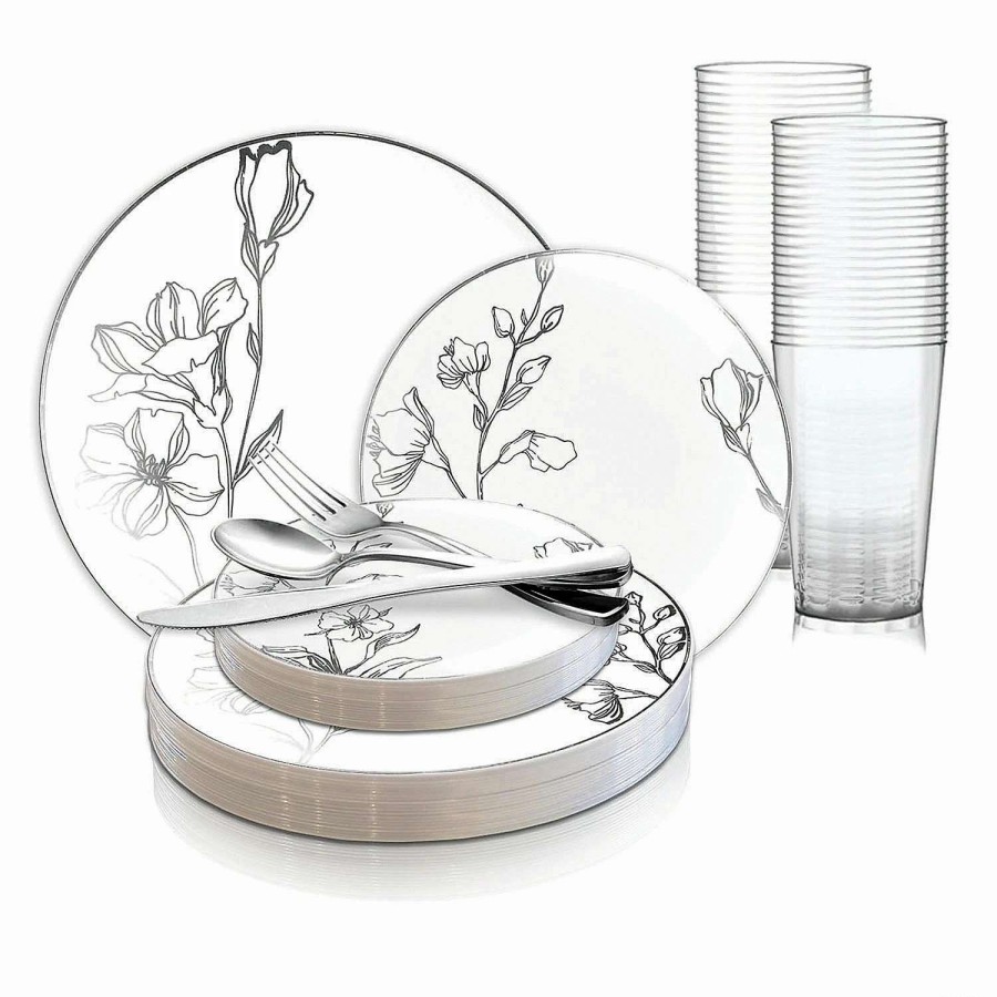 Party Plates * | Cheap White With Silver Antique Floral Round Disposable Plastic Dinnerware Value Set (60 Settings)