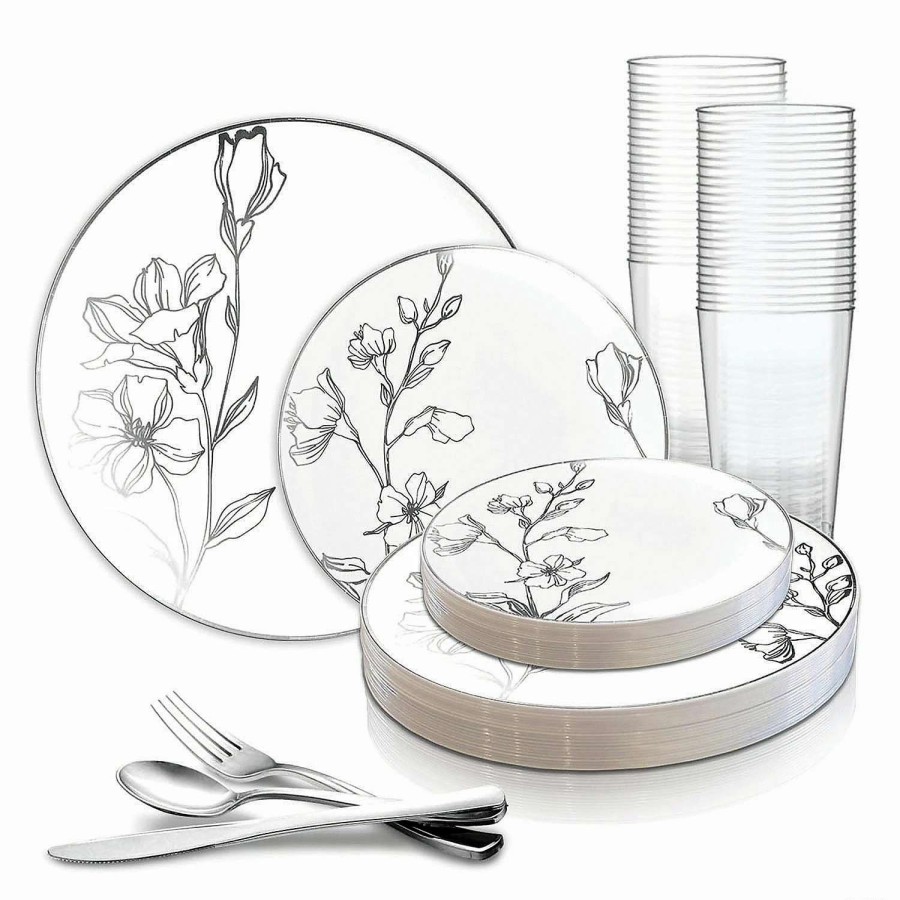 Party Plates * | Cheap White With Silver Antique Floral Round Disposable Plastic Dinnerware Value Set (60 Settings)