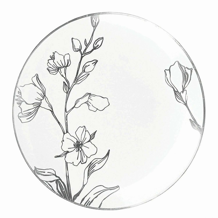 Party Plates * | Flash Sale 7.5 White With Silver Antique Floral Round Disposable Plastic Appetizer/Salad Plates (70 Plates)