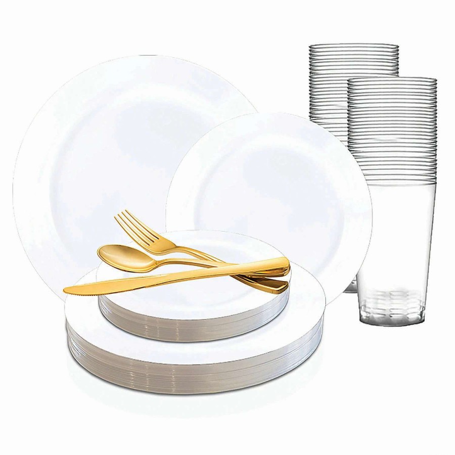 Table Covers * | Discount Solid White Economy Round Disposable Plastic Dinnerware Value Set (20 Settings)