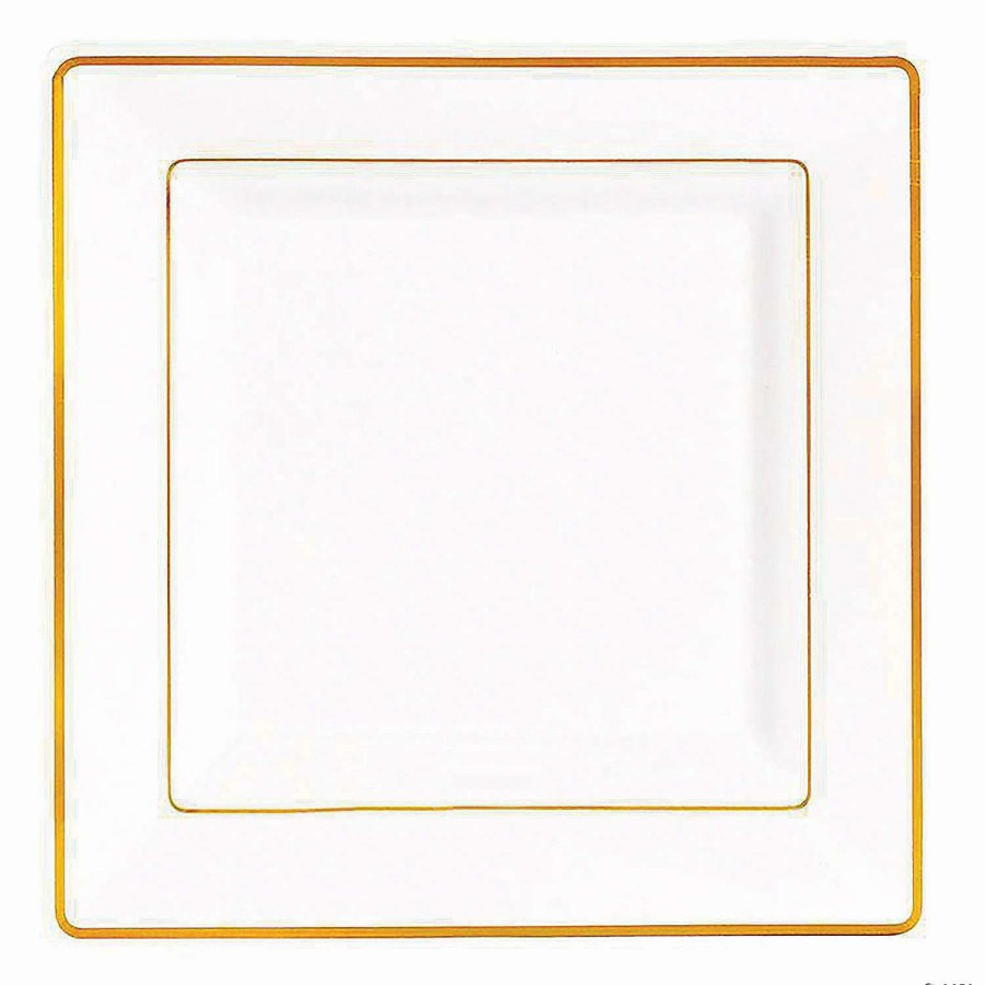 Party Plates * | Flash Sale 9.5 White With Gold Square Edge Rim Plastic Dinner Plates (40 Plates)