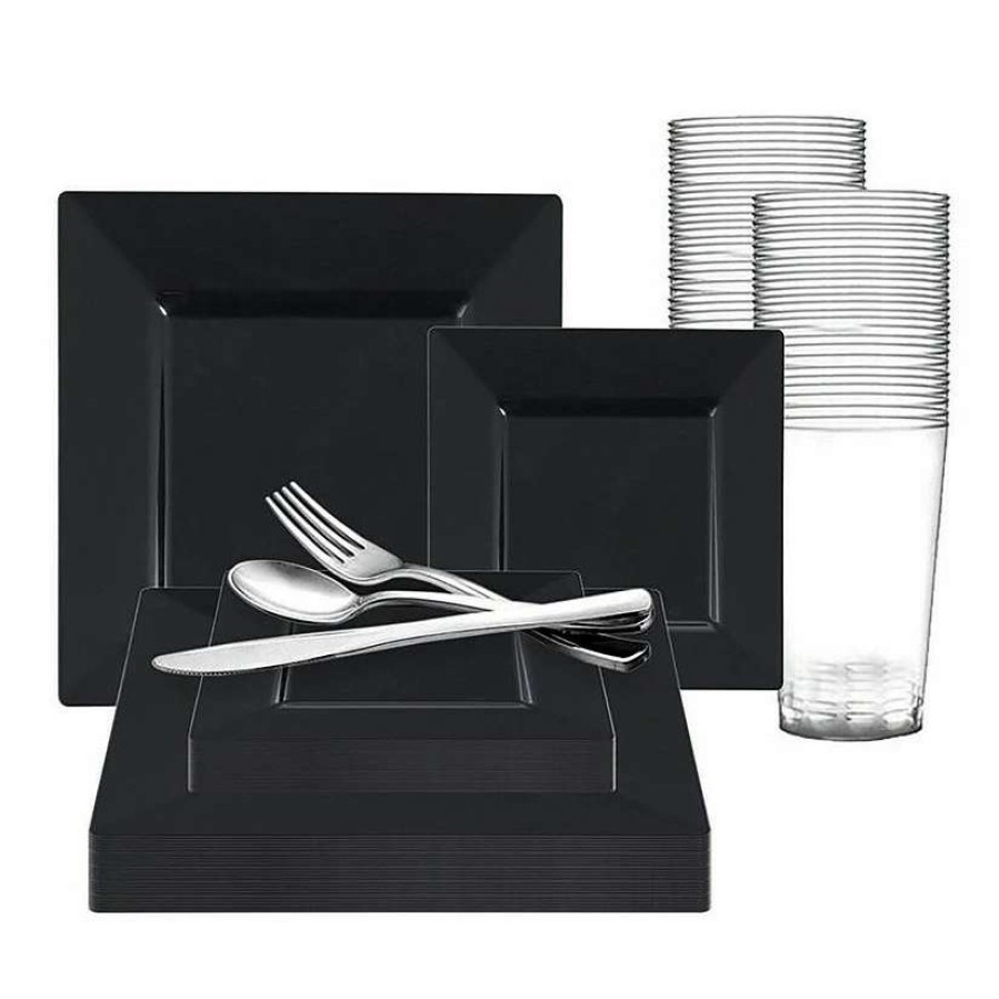 Bowls * | Best Reviews Of Black Square Plastic Dinnerware Value Set (20 Settings)