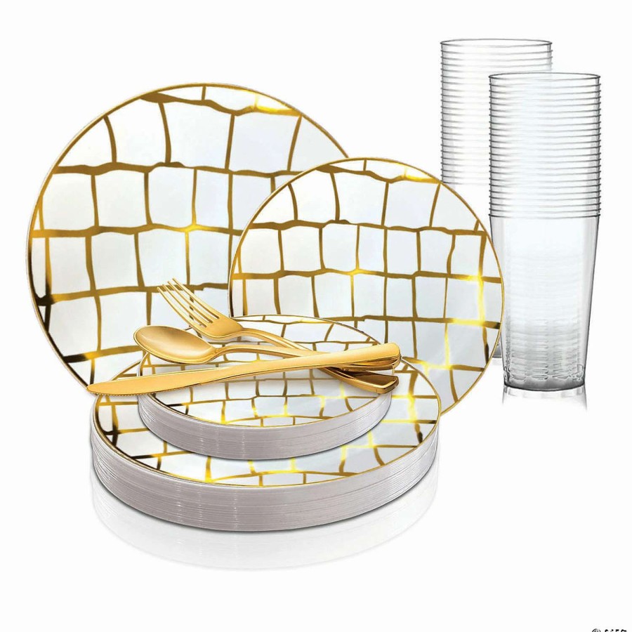 Table Covers * | New White With Gold Scales Pattern Round Disposable Plastic Dinnerware Value Set (20 Settings)