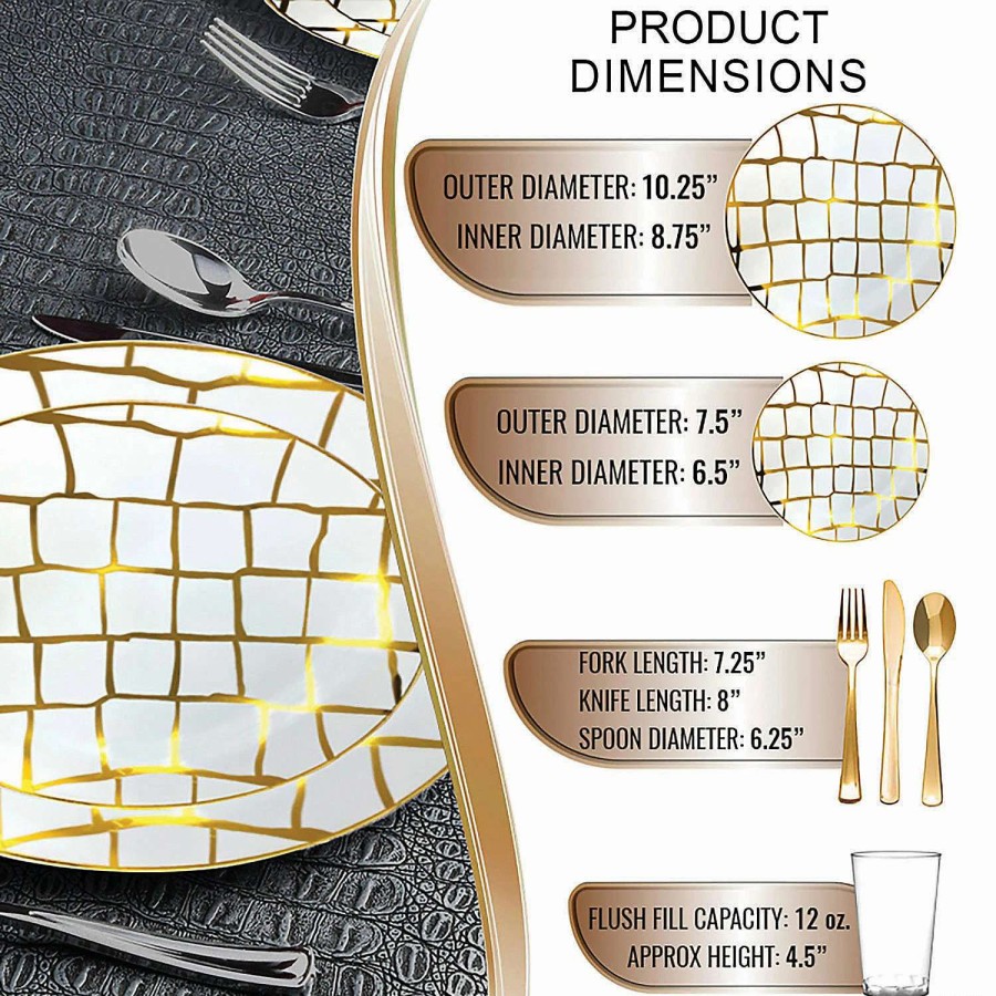 Table Covers * | New White With Gold Scales Pattern Round Disposable Plastic Dinnerware Value Set (20 Settings)